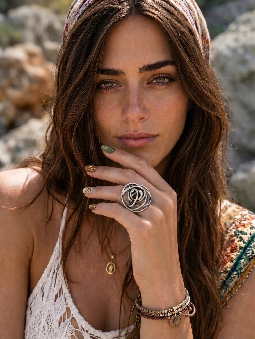 Turkish Zamak Rose Ring Large Statement Adjustable Boho Western Antiqued Silver